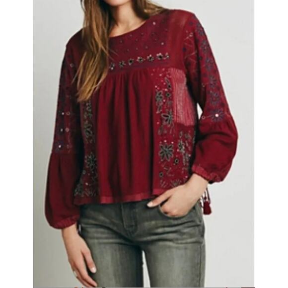 Free People Huh Fancy Peasant Blouse Top XS Burgundy Red Embroidered Mirror Bead - Picture 1 of 11
